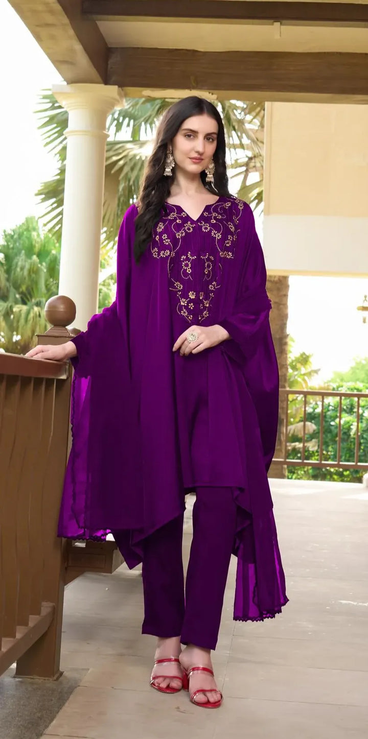 Purple Machine Embroidery Silk Kaftan Style Asymmetrical Suit