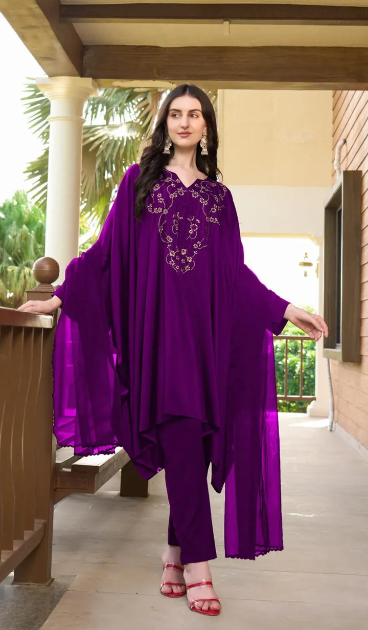 Purple Machine Embroidery Silk Kaftan Style Asymmetrical Suit