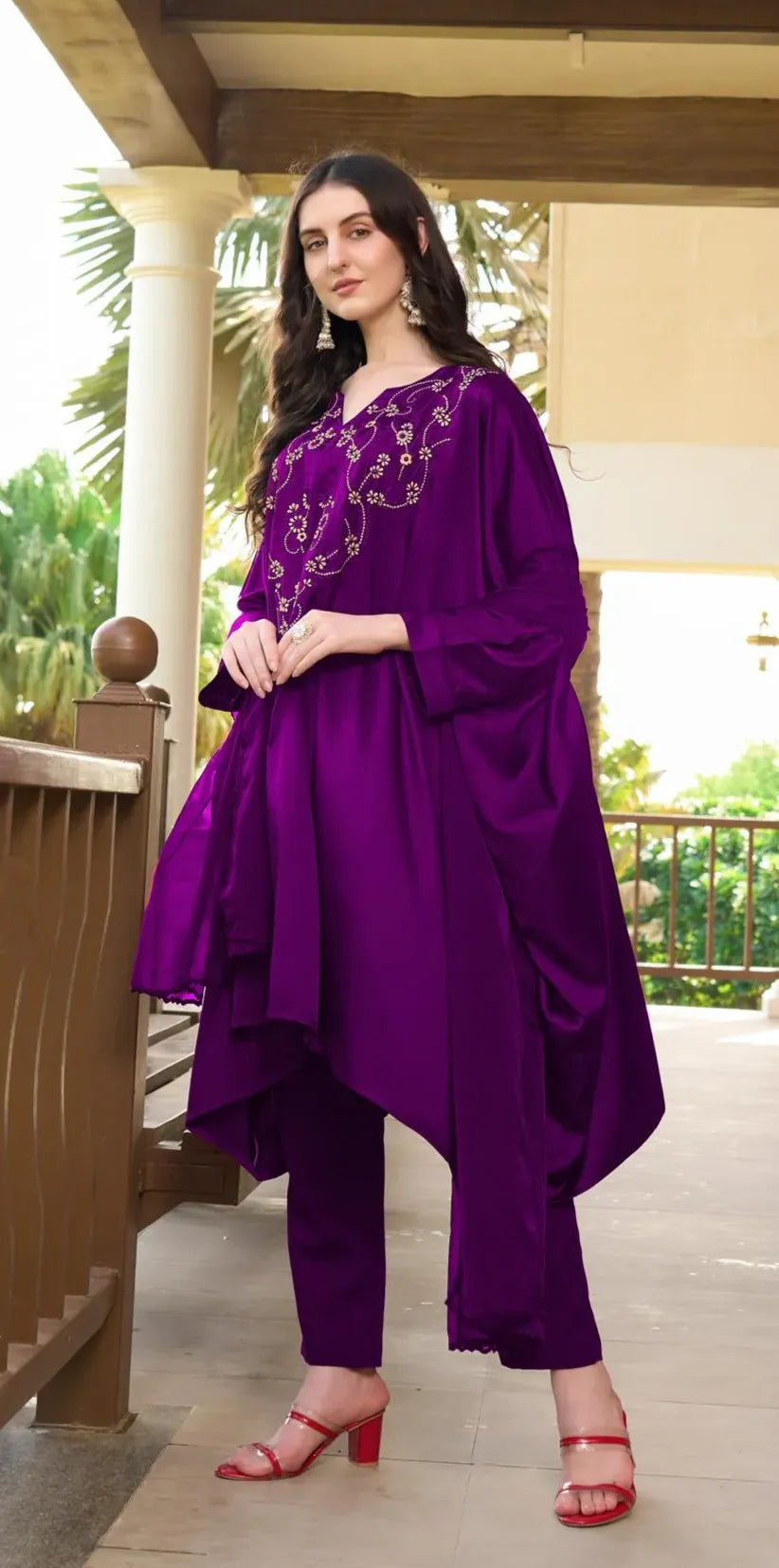 Resham Embroidery Silk Stitched Asymmetrical Trouser Kurta & Dupatta