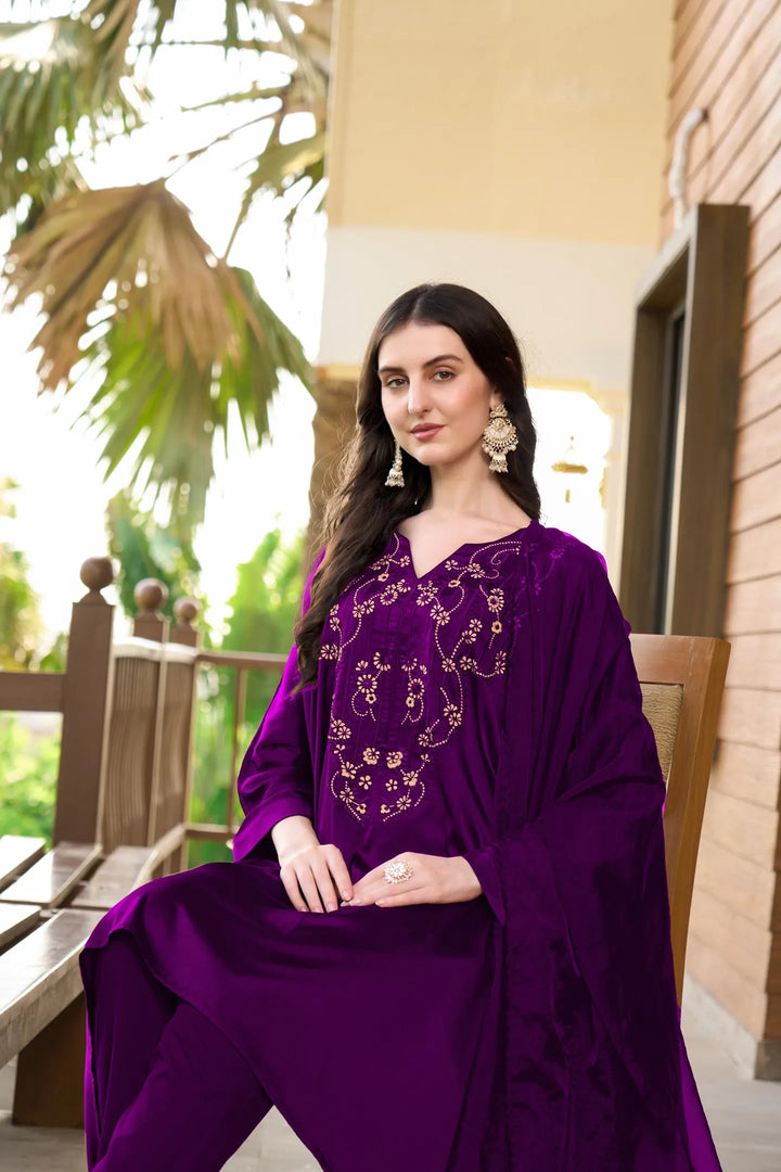 Purple Machine Embroidery Silk Kaftan Style Asymmetrical Suit