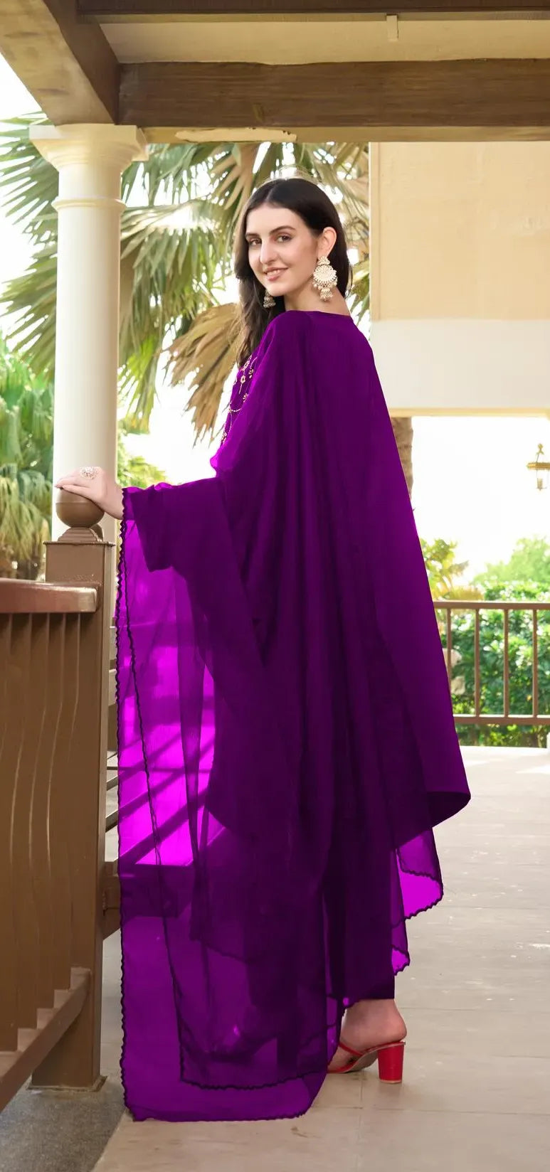 Purple Machine Embroidery Silk Kaftan Style Asymmetrical Suit