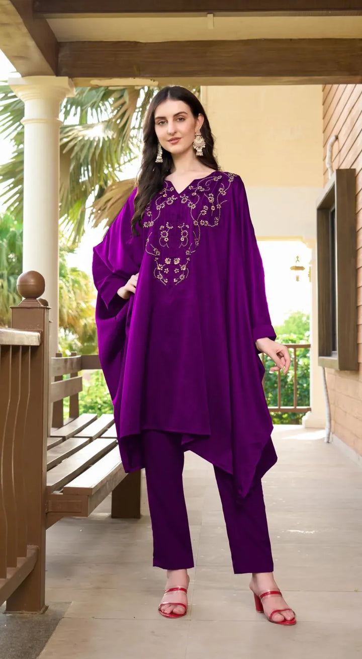 Purple Embroidered Satin Silk Kaftan Style Kurta