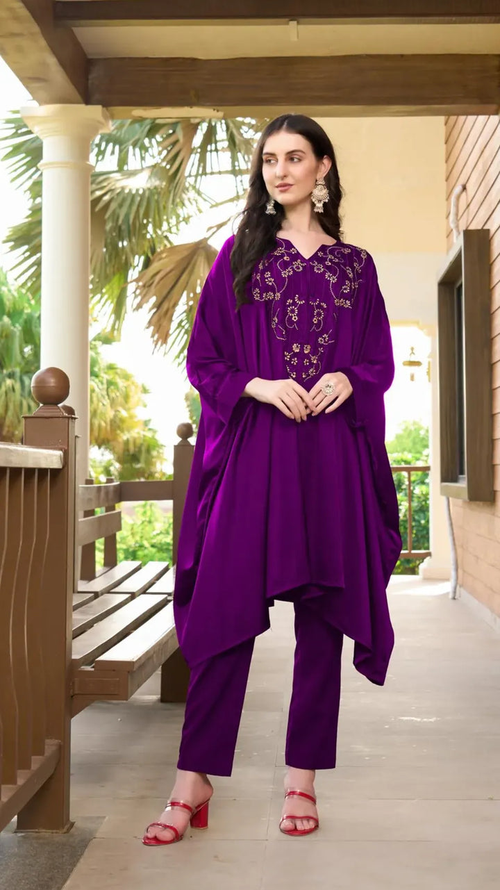 Purple Embroidered Satin Silk Kaftan Style Kurta