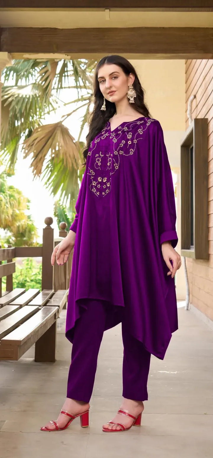 Purple Embroidered Satin Silk Kaftan Style Kurta
