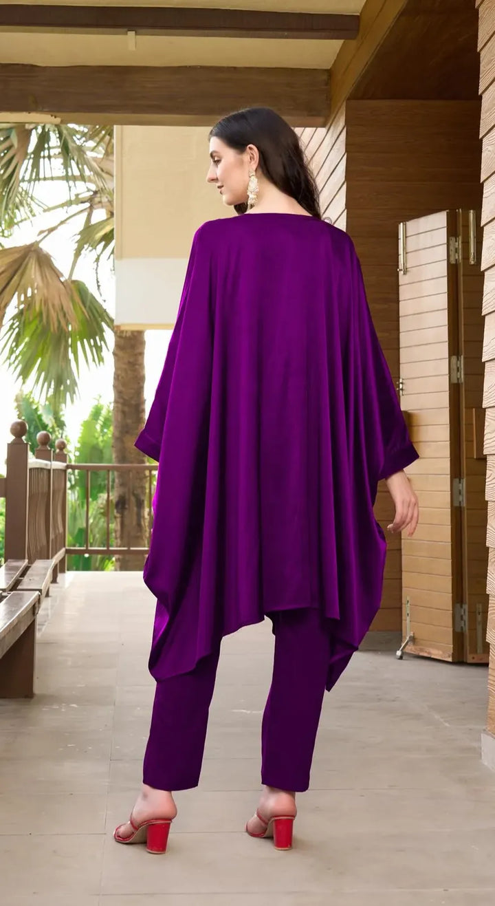 Purple Embroidered Satin Silk Kaftan Style Kurta