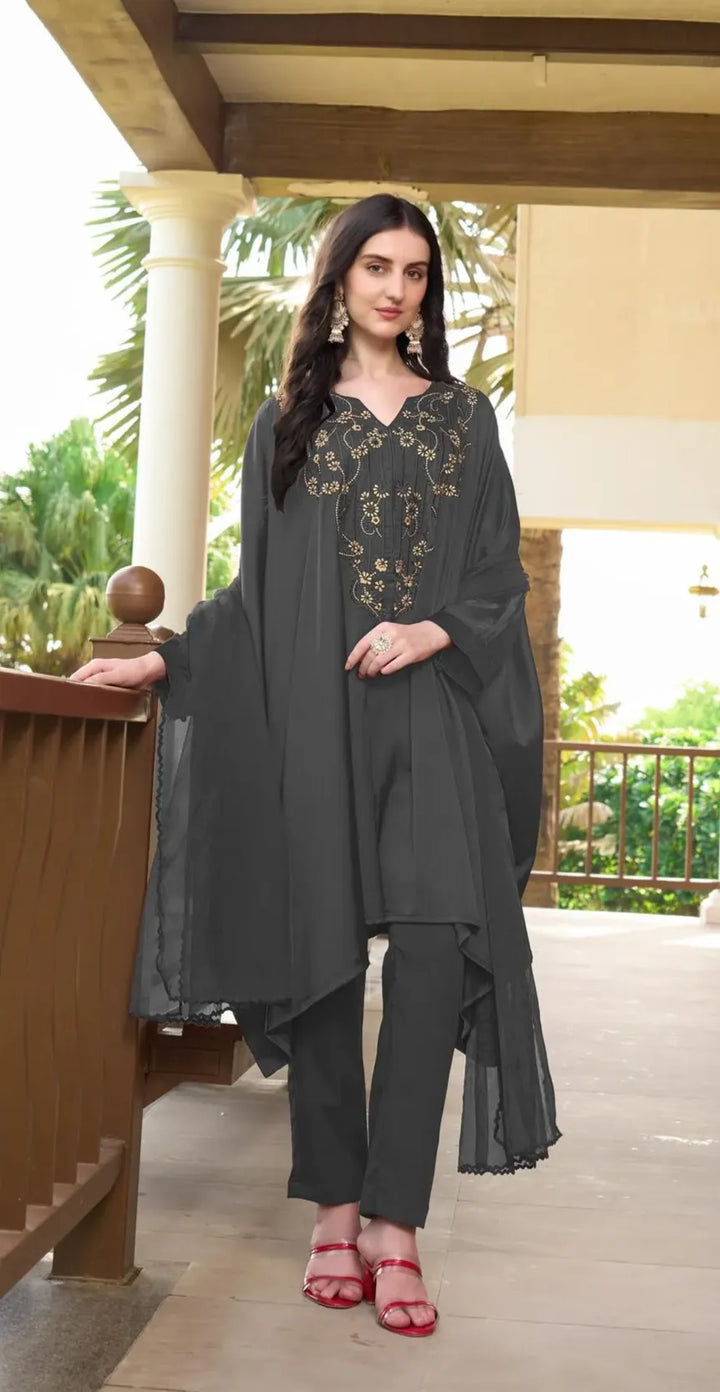 Gray Machine Embroidery Silk Kaftan Style Asymmetrical Suit