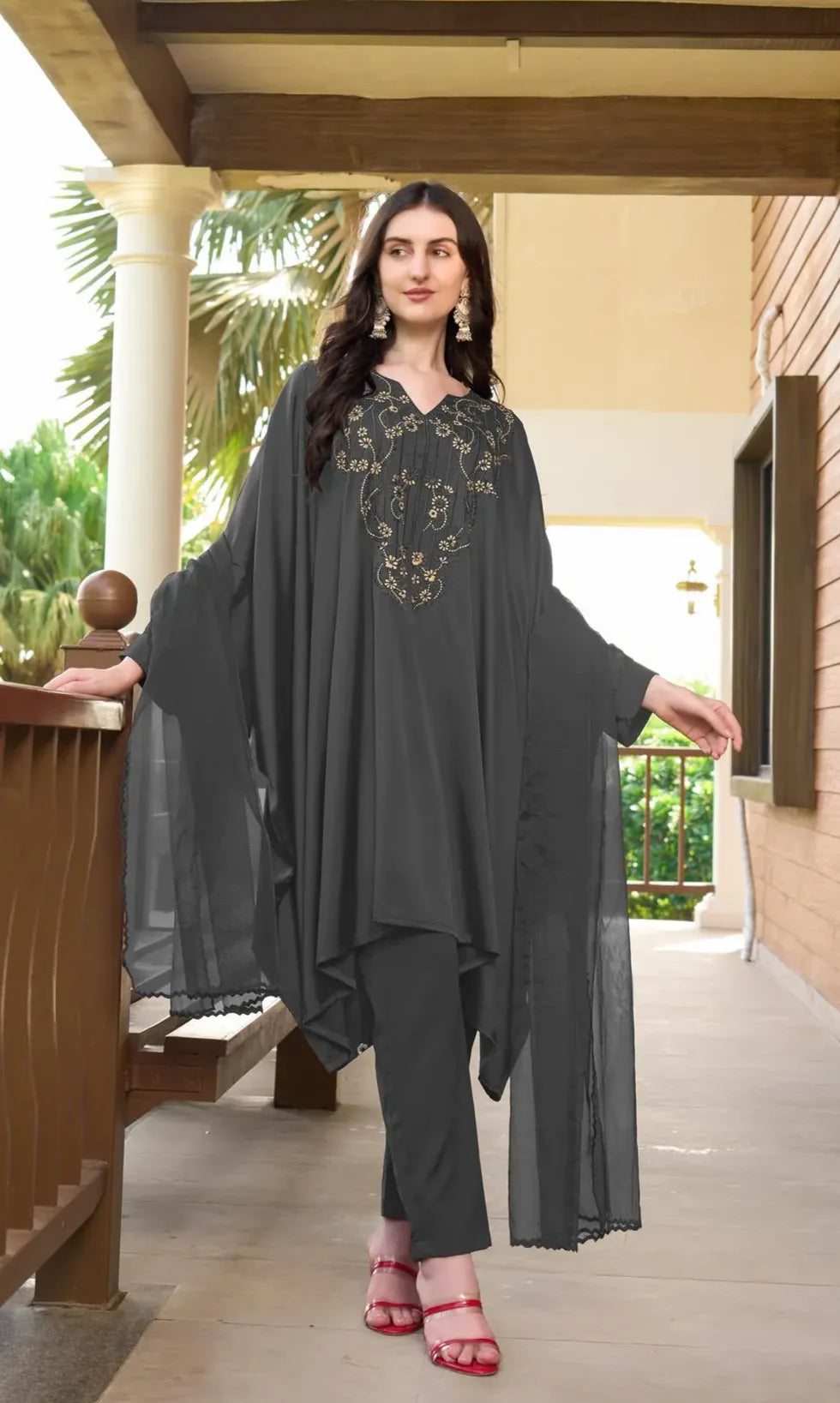 Resham Embroidery Silk Stitched Asymmetrical Trouser Kurta & Dupatta