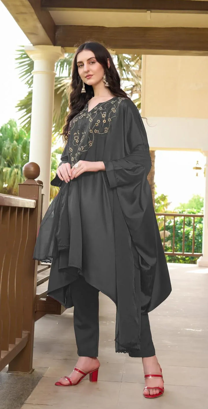 Gray Machine Embroidery Silk Kaftan Style Asymmetrical Suit