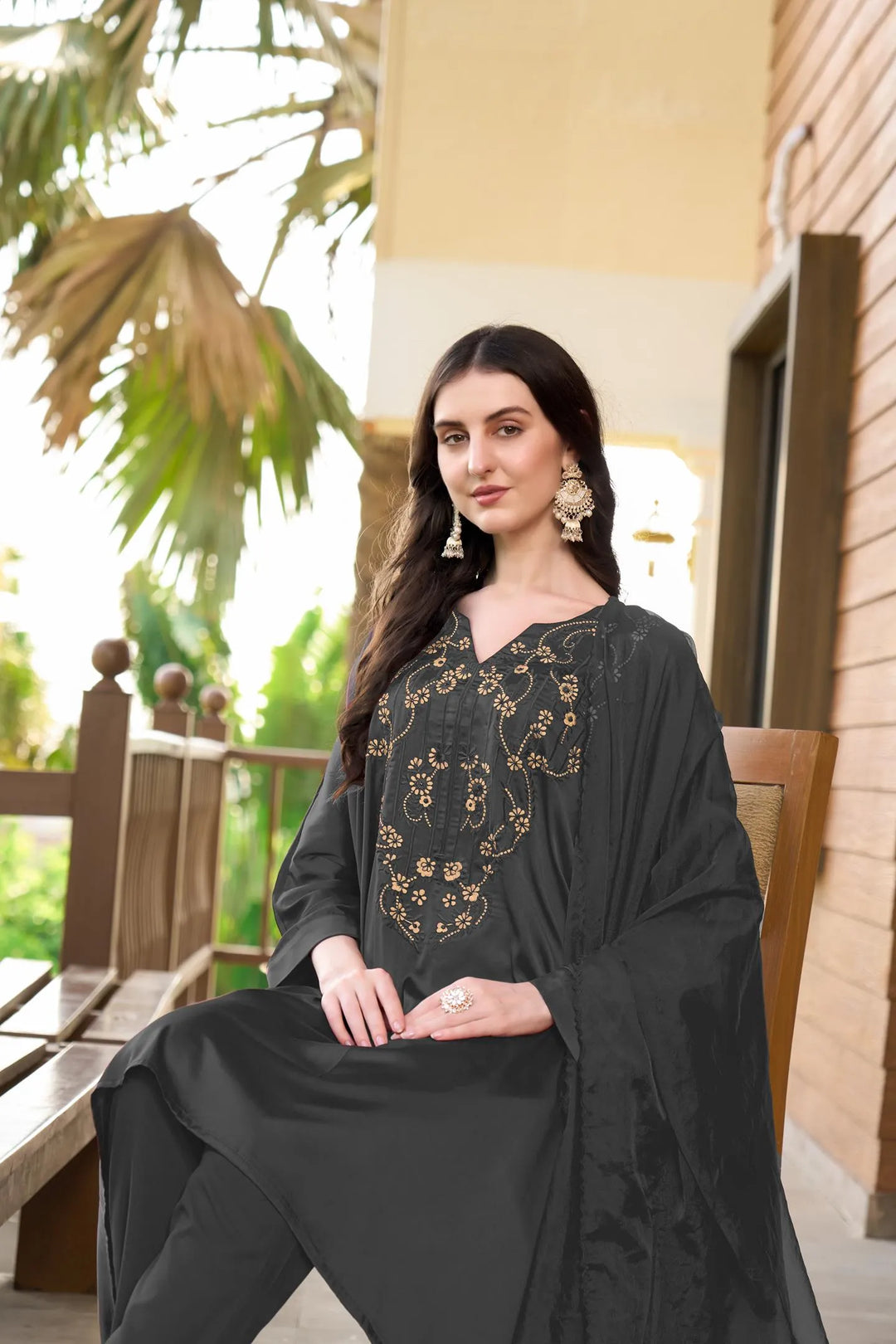 Gray Machine Embroidery Silk Kaftan Style Asymmetrical Suit