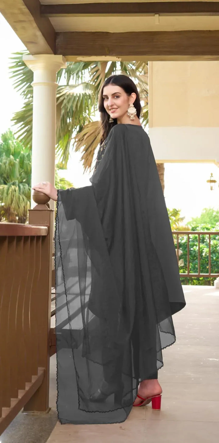 Gray Machine Embroidery Silk Kaftan Style Asymmetrical Suit