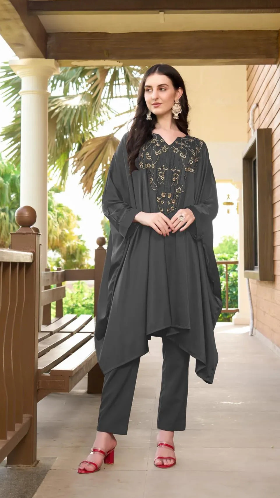 Gray Embroidered Satin Silk Kaftan Style Kurta