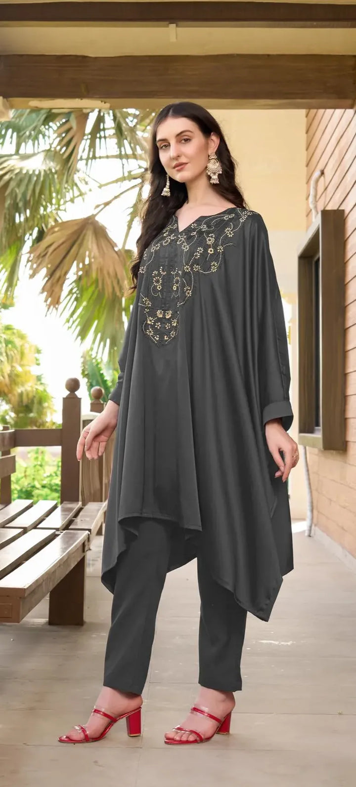 Gray Embroidered Satin Silk Kaftan Style Kurta