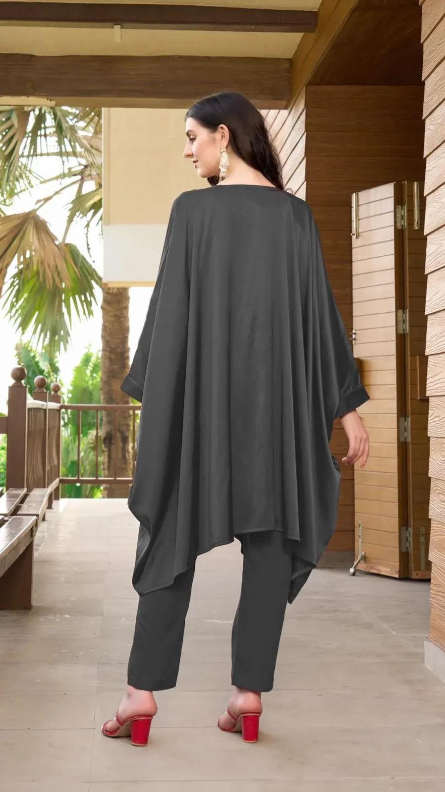 Gray Embroidered Satin Silk Kaftan Style Kurta