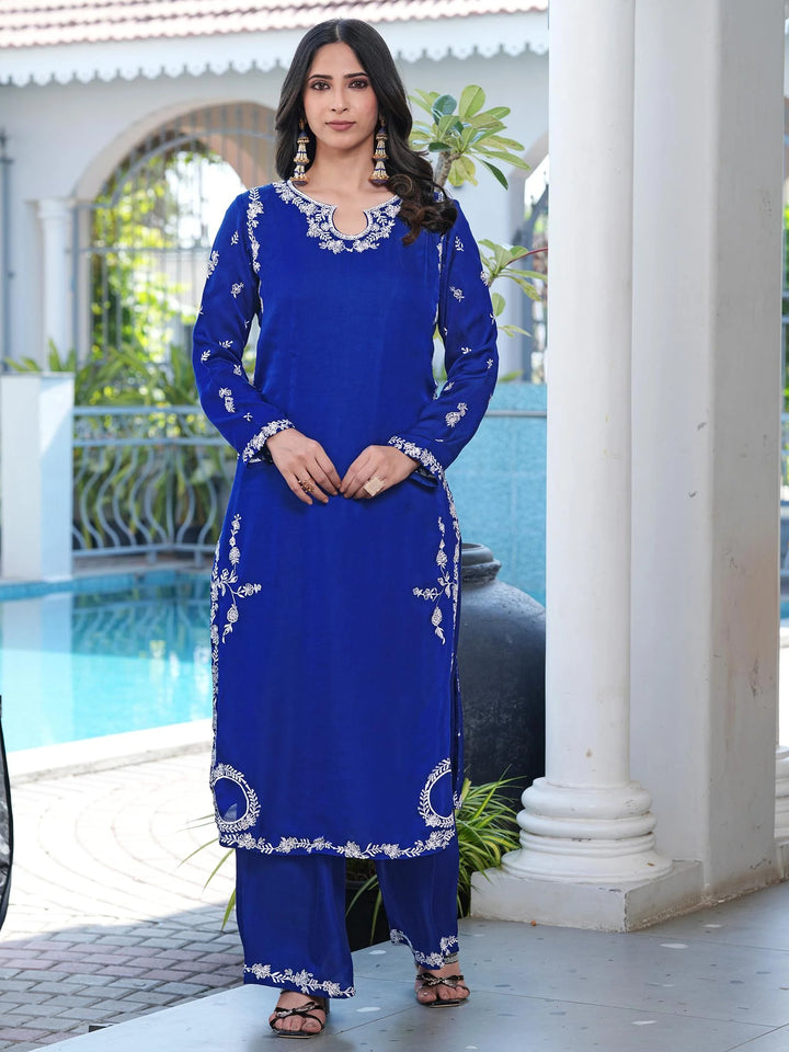 Royal Blue Embroidered Modal Silk Straight Kurta