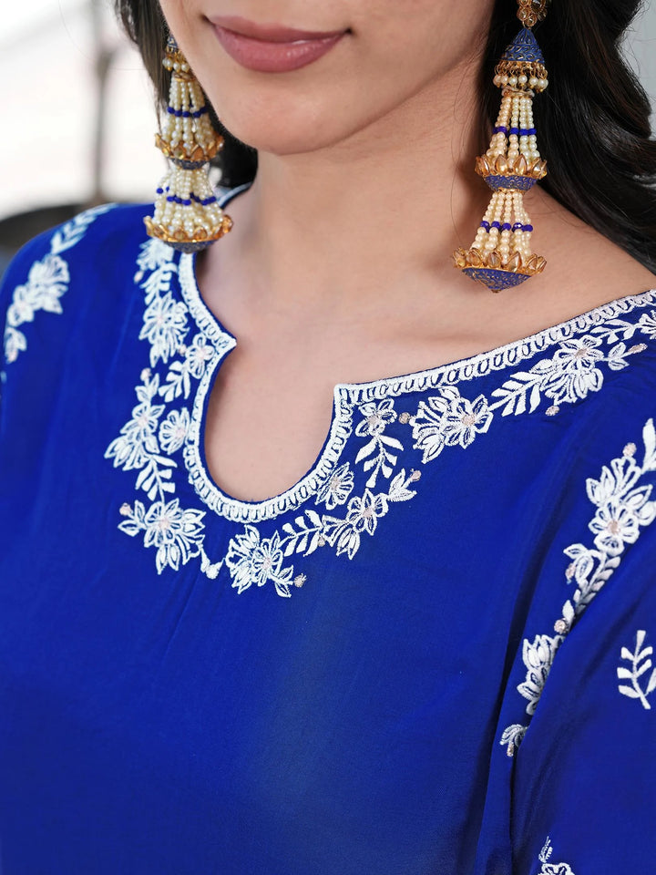 Royal Blue Embroidered Modal Silk Straight Kurta