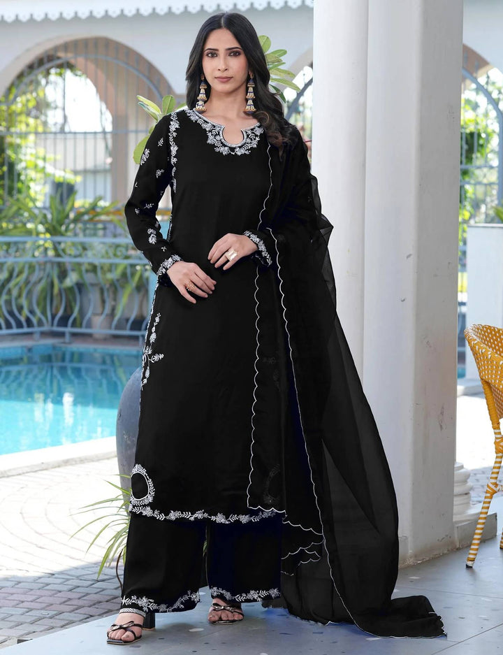 Black Embroidered Modal Silk Straight Suit
