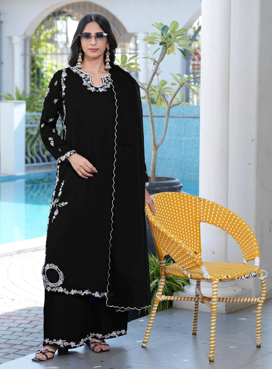 Black Embroidered Modal Silk Straight Suit