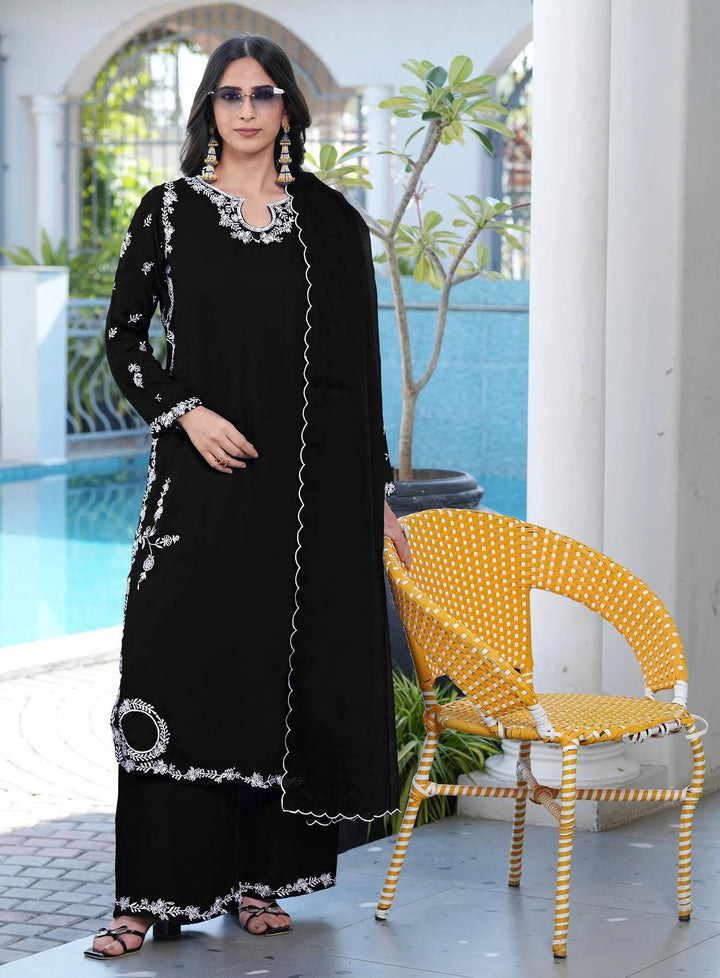 Black Embroidered Modal Silk Straight Suit