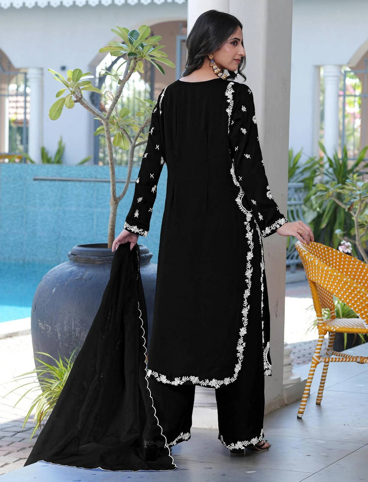 Black Embroidered Modal Silk Straight Suit