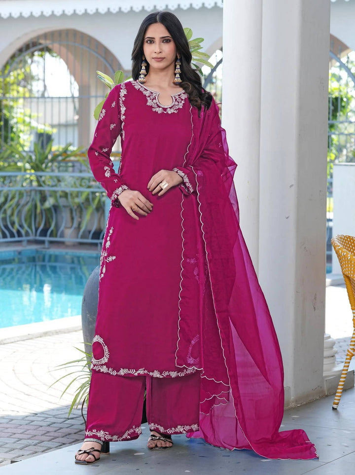 Pink Embroidered Modal Silk Straight Suit