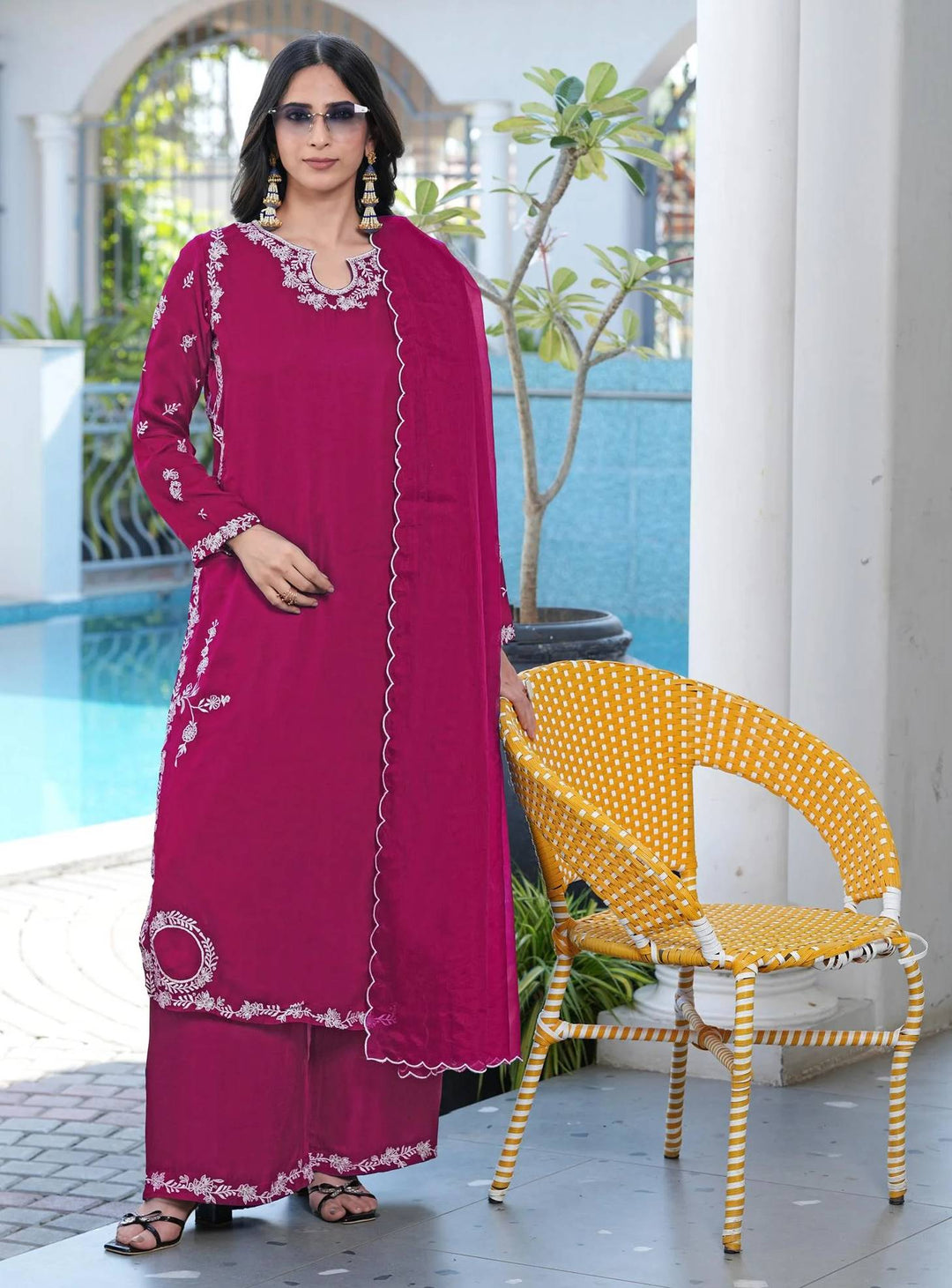 Pink Embroidered Modal Silk Straight Suit