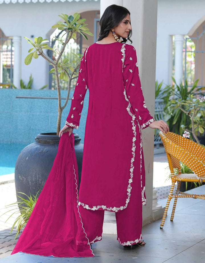 Pink Embroidered Modal Silk Straight Suit