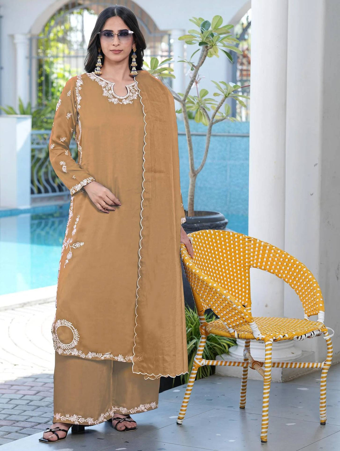 Light Brown Embroidered Modal Silk Straight Suit