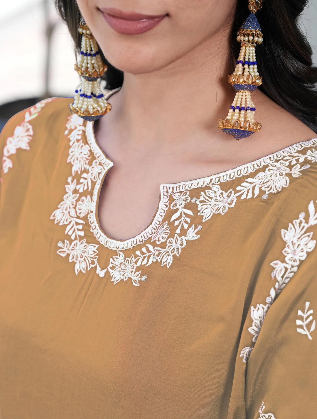 Light Brown Embroidered Modal Silk Straight Suit
