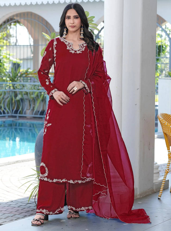 Maroon Embroidered Modal Silk Straight Suit