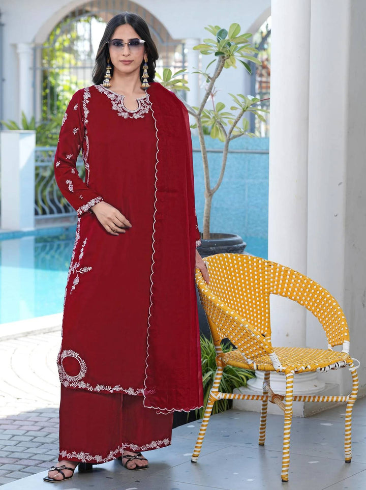 Maroon Embroidered Modal Silk Straight Suit