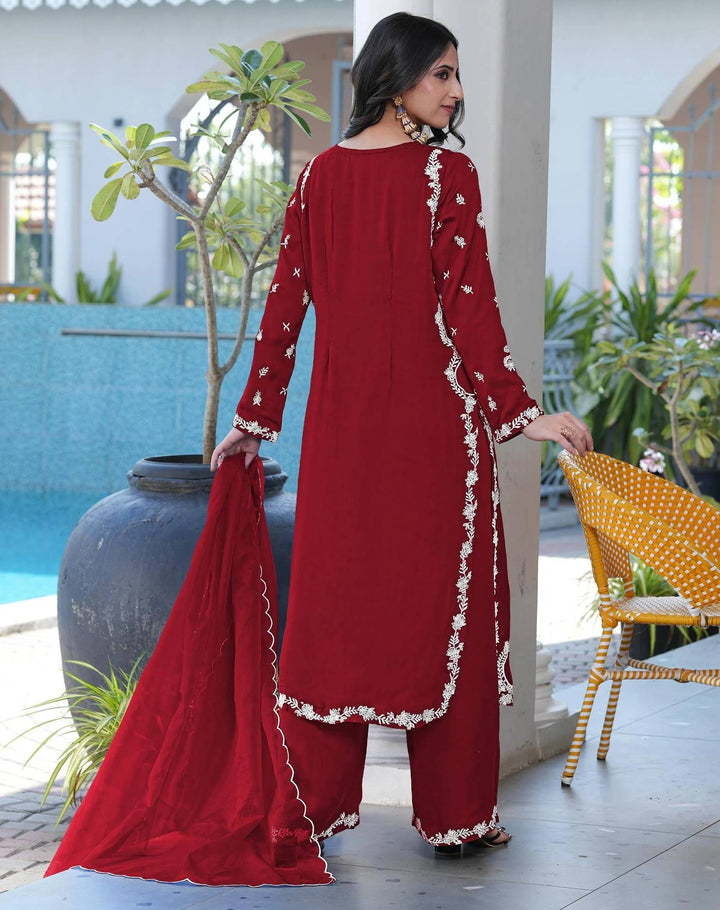 Maroon Embroidered Modal Silk Straight Suit