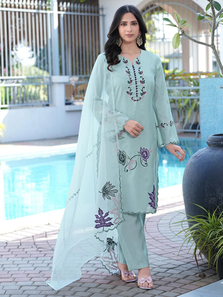 Sea Green Embroidered Art Silk Straight Suit