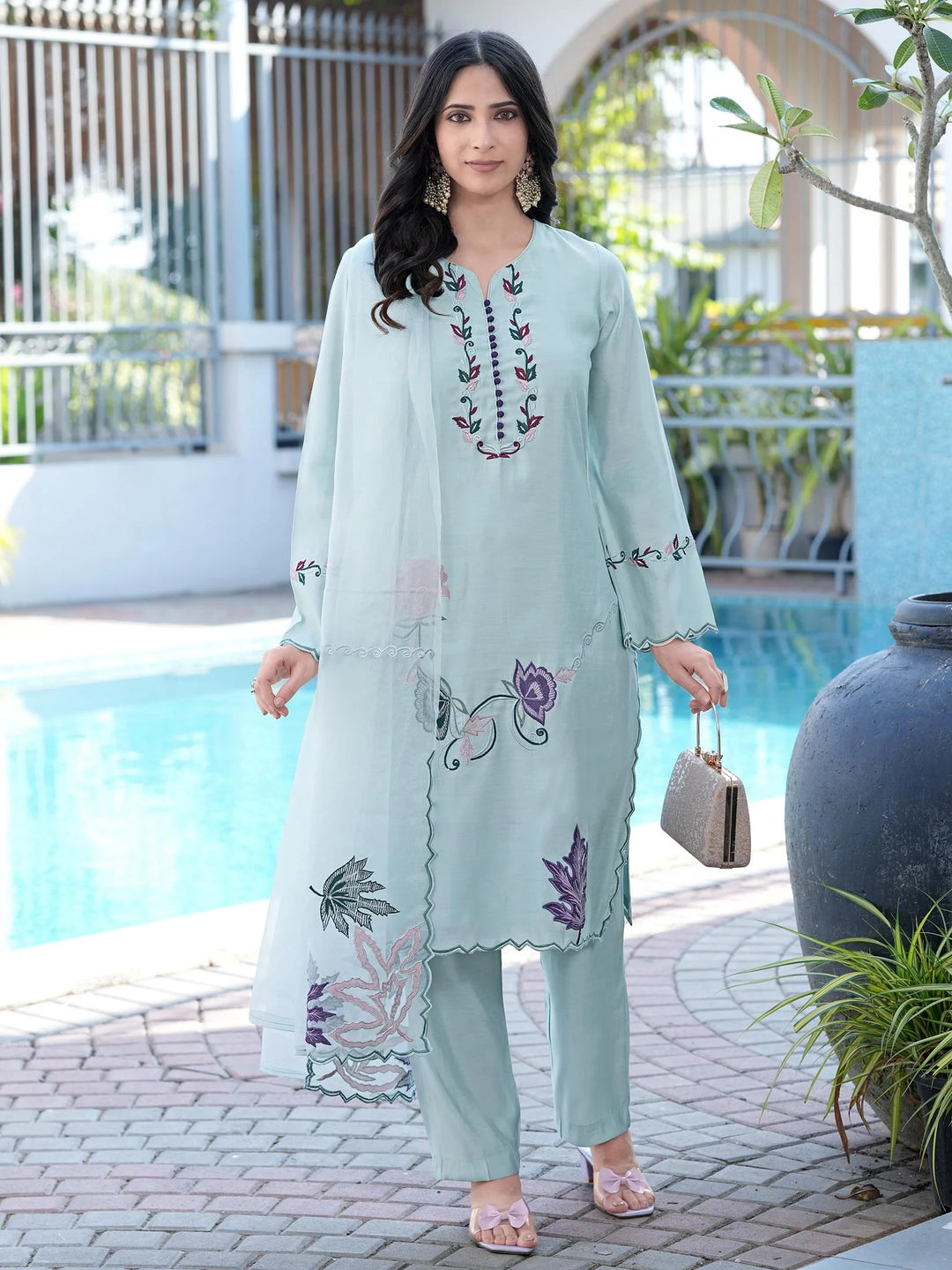 Sea Green Embroidered Art Silk Straight Suit