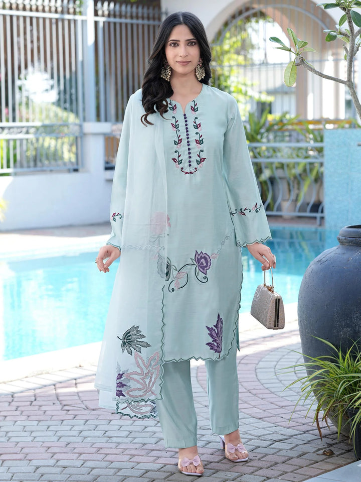 Sea Green Embroidered Art Silk Straight Suit