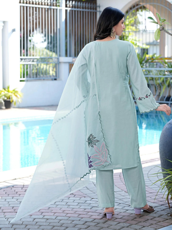Sea Green Embroidered Art Silk Straight Suit