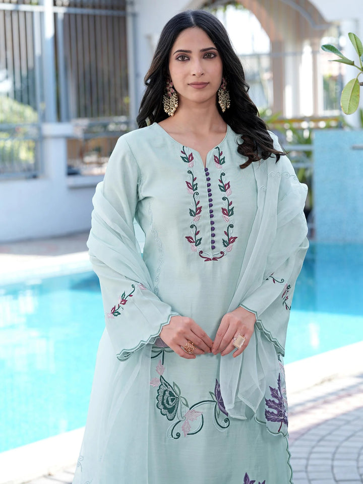 Sea Green Embroidered Art Silk Straight Suit