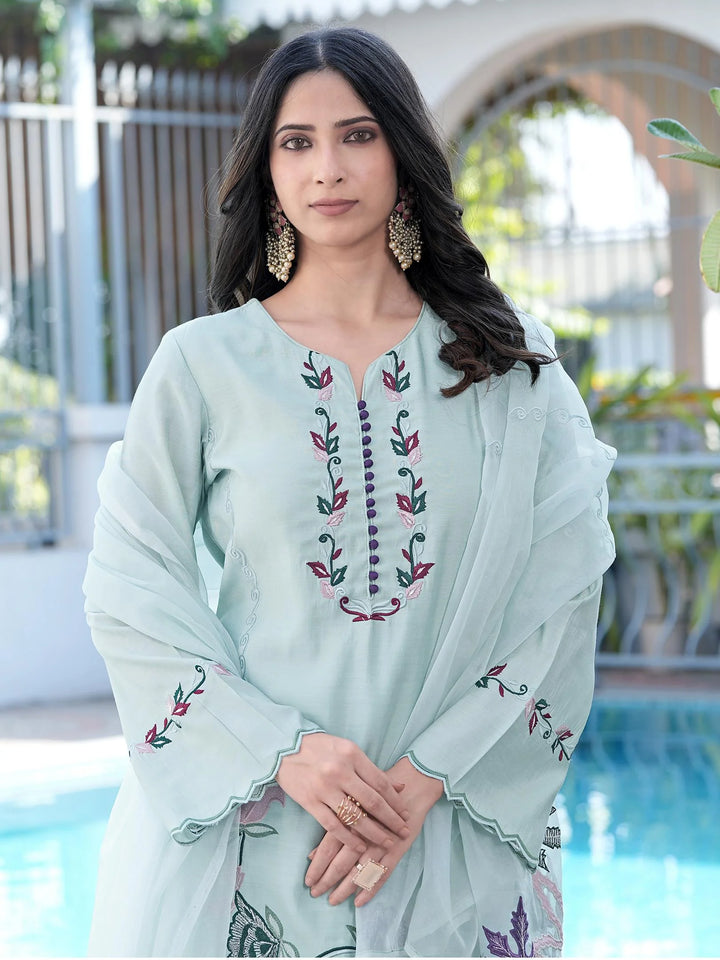 Sea Green Embroidered Art Silk Straight Suit