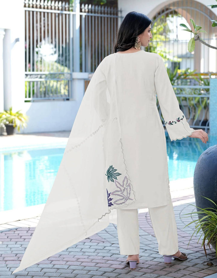 Cream Embroidered Art Silk Straight Cut Suit
