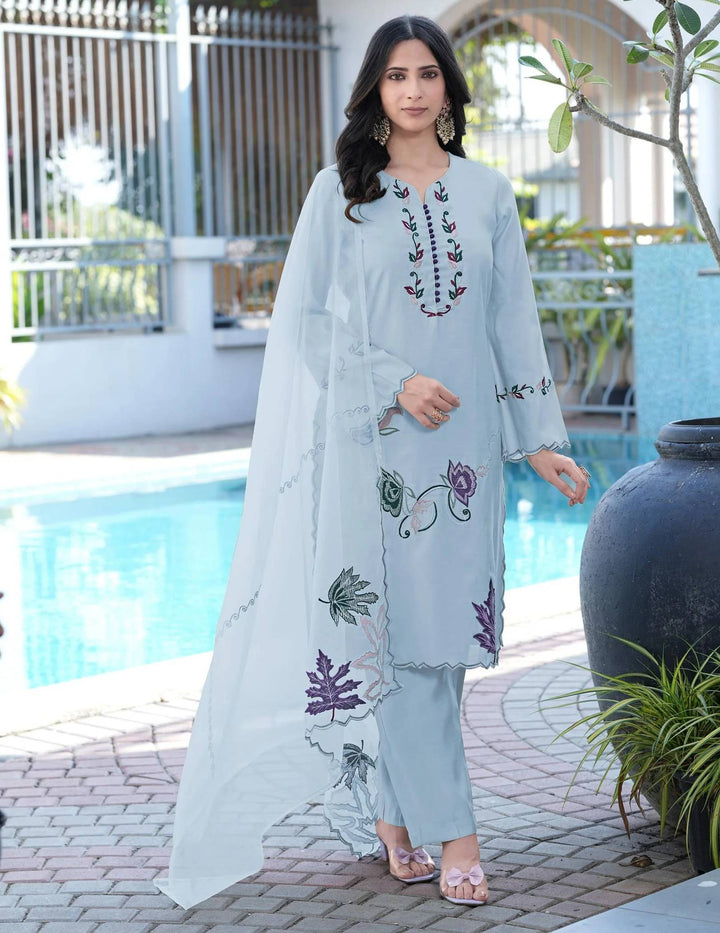 Light Blue Embroidered Art Silk Straight Suit
