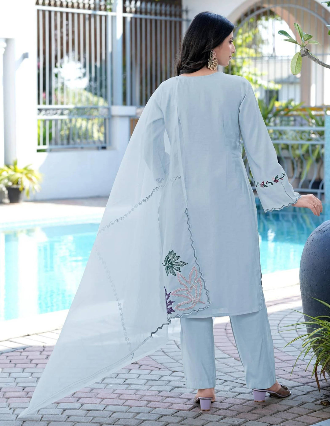 Light Blue Embroidered Art Silk Straight Suit