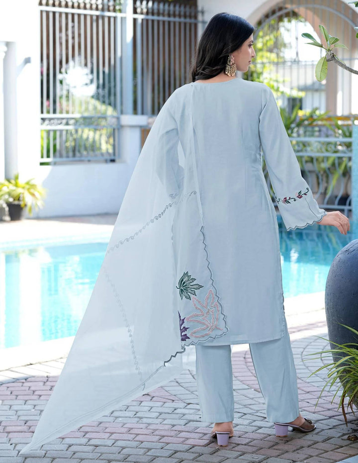 Light Blue Embroidered Art Silk Straight Suit