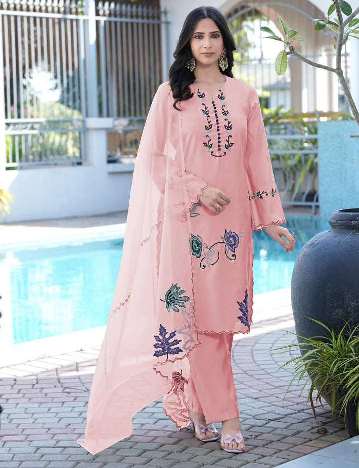 Light Pink Embroidered Art Silk Straight Suit