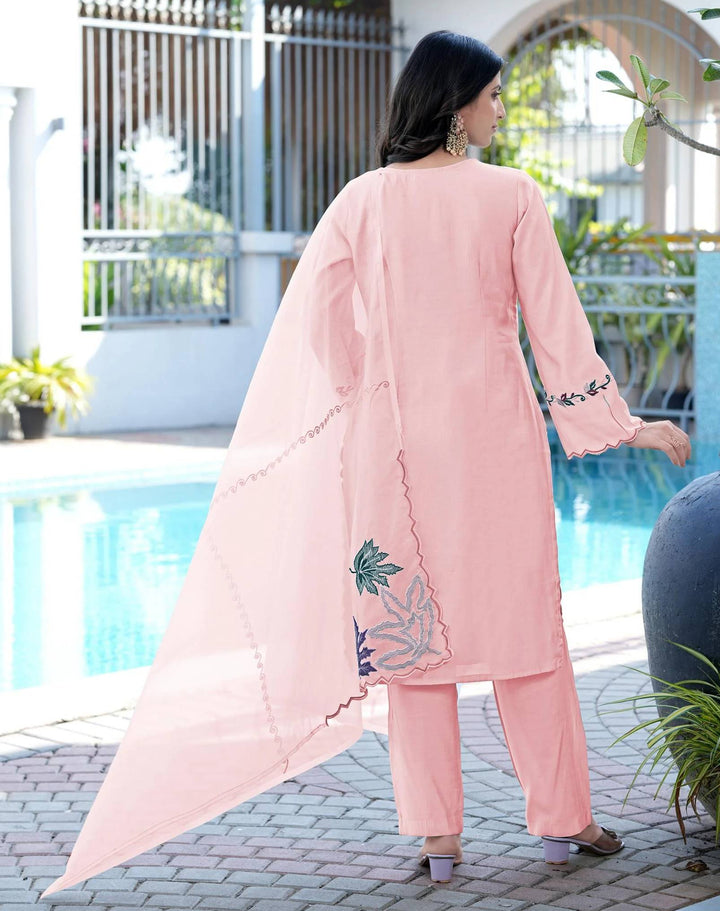 Light Pink Embroidered Art Silk Straight Suit