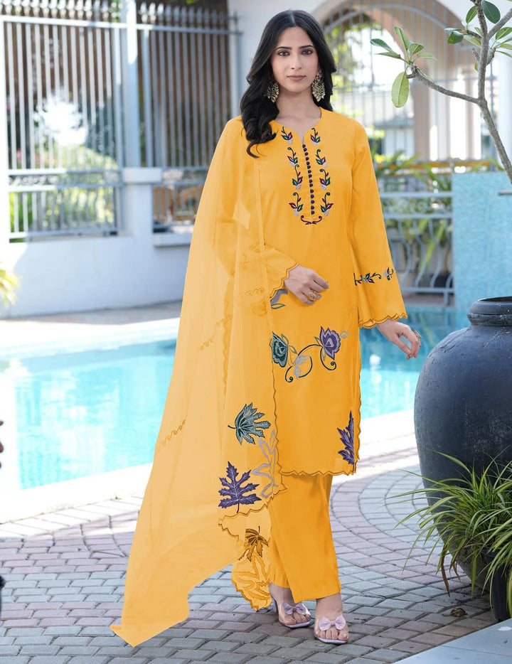 Yellow Embroidered Art Silk Straight Suit