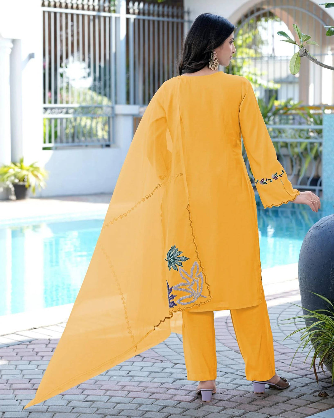 Yellow Embroidered Art Silk Straight Suit