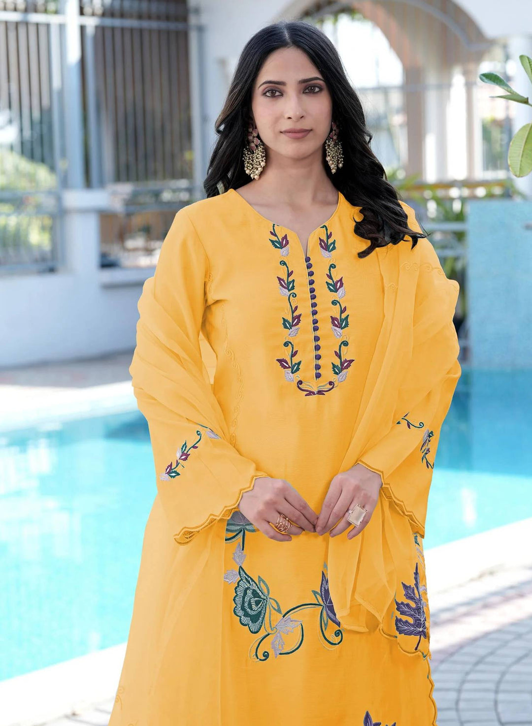 Yellow Embroidered Art Silk Straight Suit