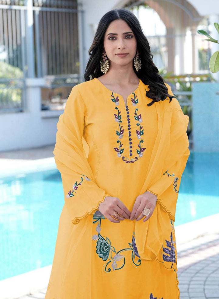 Yellow Embroidered Art Silk Straight Suit