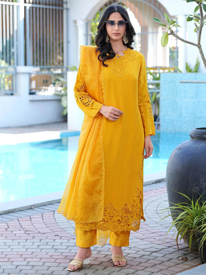Yellow Embroidered Art Silk Straight Suit