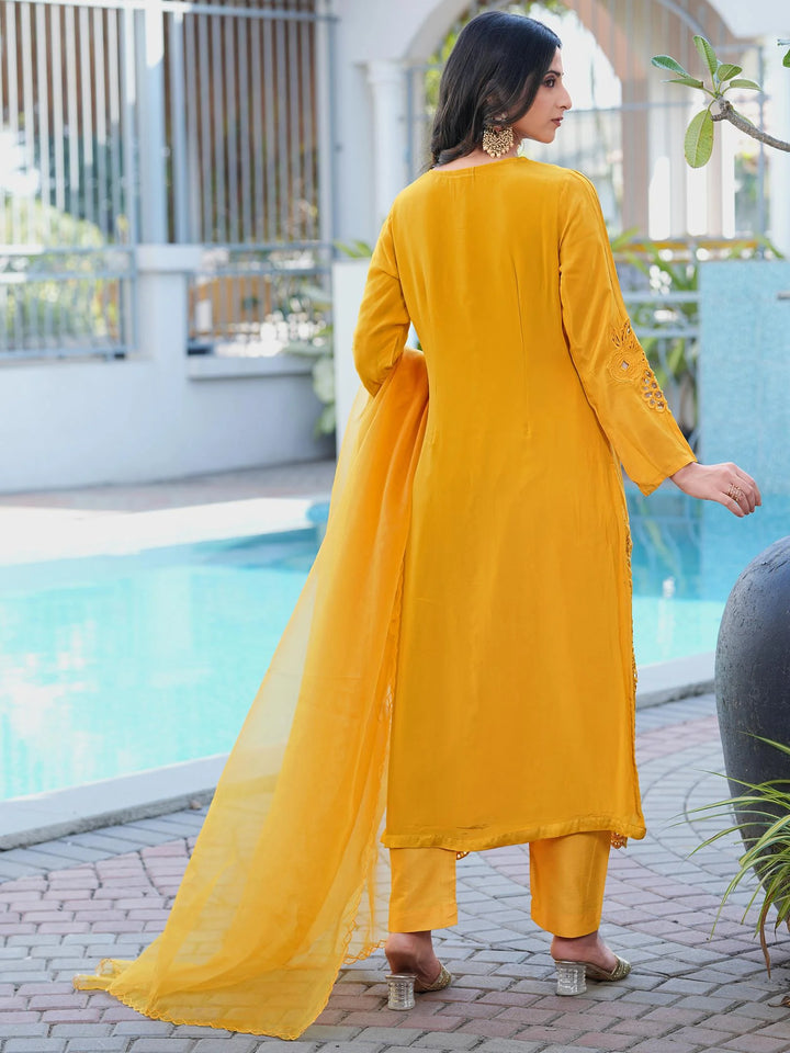 Yellow Embroidered Art Silk Straight Suit