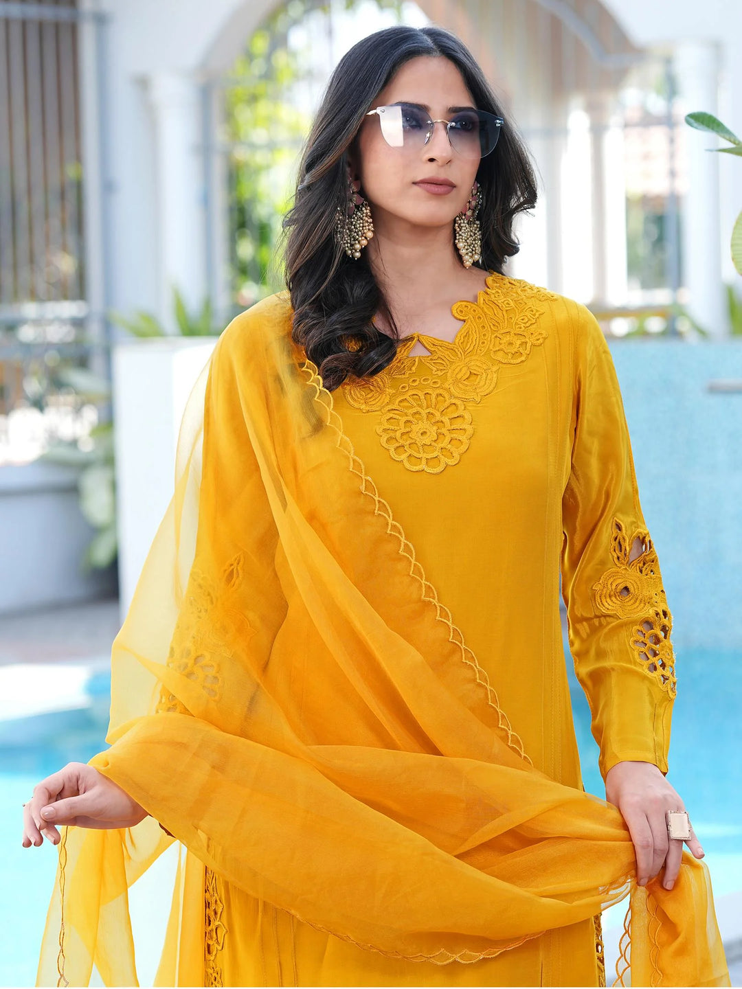 Yellow Embroidered Art Silk Straight Suit